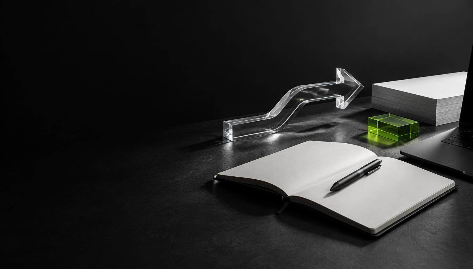 A clear upward arrow, notebook and laptop on a marketing work desk